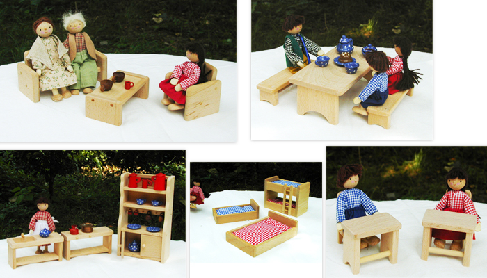 「木製ボックス型のドールハウスと家具」